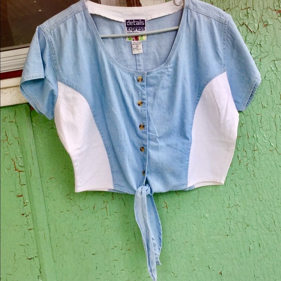 VTG RAD 80s Blue Denim Colorblock Midriff Crop Top - Picture 3 of 4
